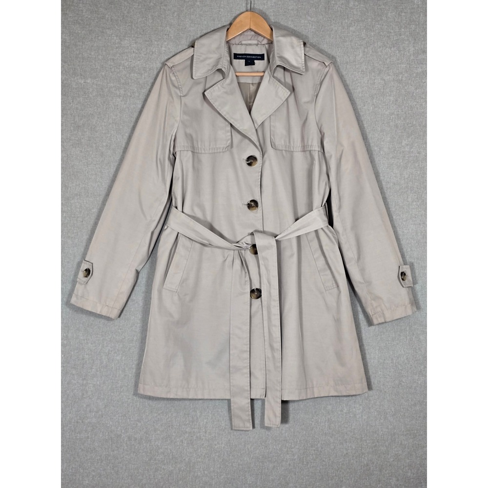 French Connection Women's Tan Beige Button Front Belted Trench Coat L